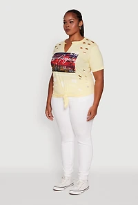 Womens Plus Size Cut Out Los Angeles Graphic Knot Front Tee, Yellow, Size 1X