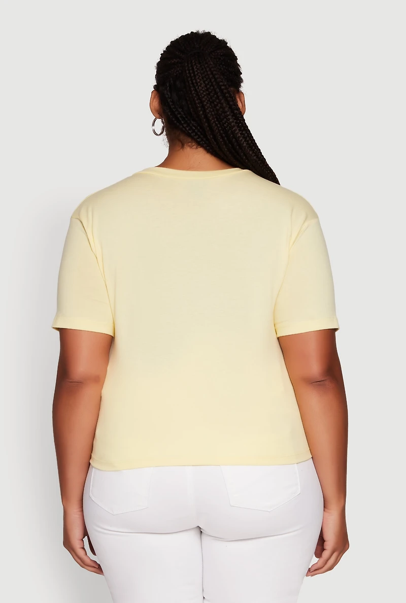 Womens Plus Size Cut Out Los Angeles Graphic Knot Front Tee, Yellow, Size 1X