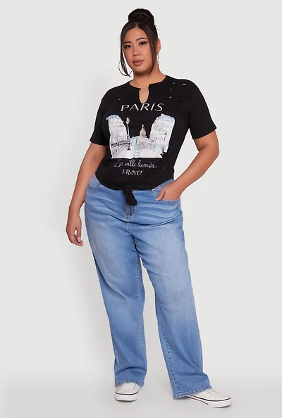 Womens Plus Laser Cut Knot Front Paris Graphic Tee, Black,