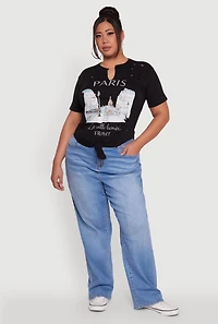 Womens Plus Laser Cut Knot Front Paris Graphic Tee, Black,