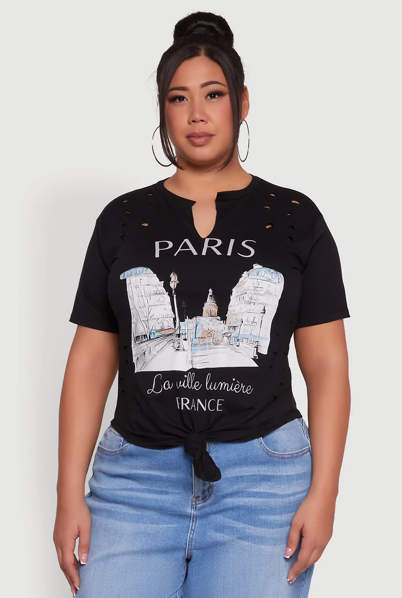 Womens Plus Laser Cut Knot Front Paris Graphic Tee, Black,