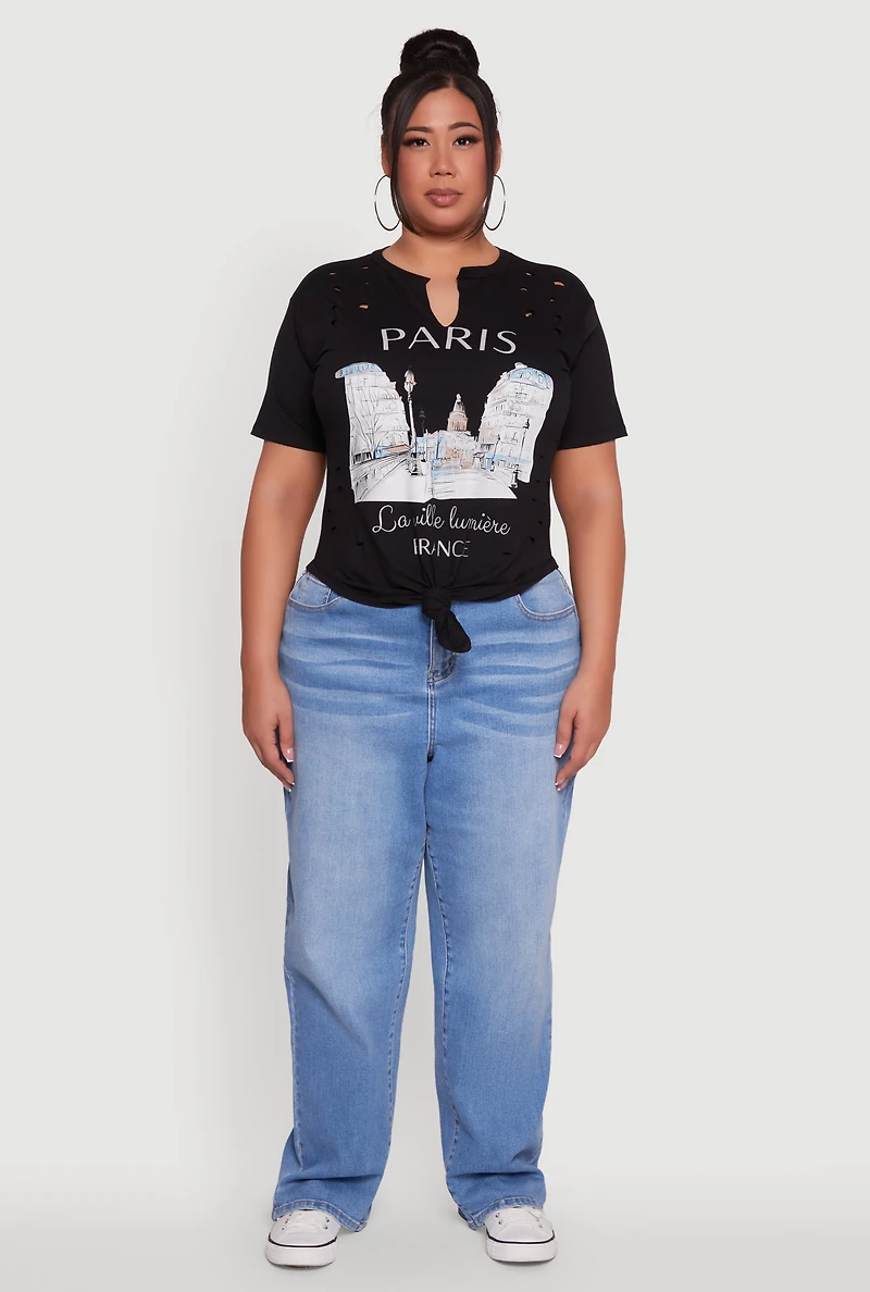 Womens Plus Laser Cut Knot Front Paris Graphic Tee, Black,