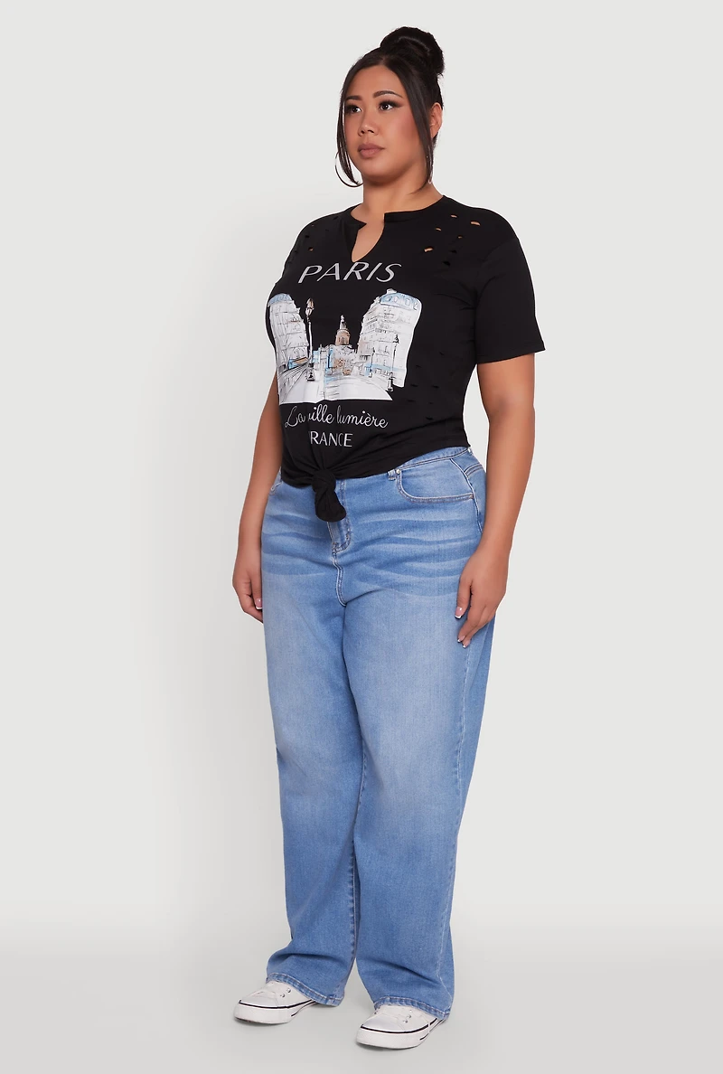 Womens Plus Laser Cut Knot Front Paris Graphic Tee, Black,