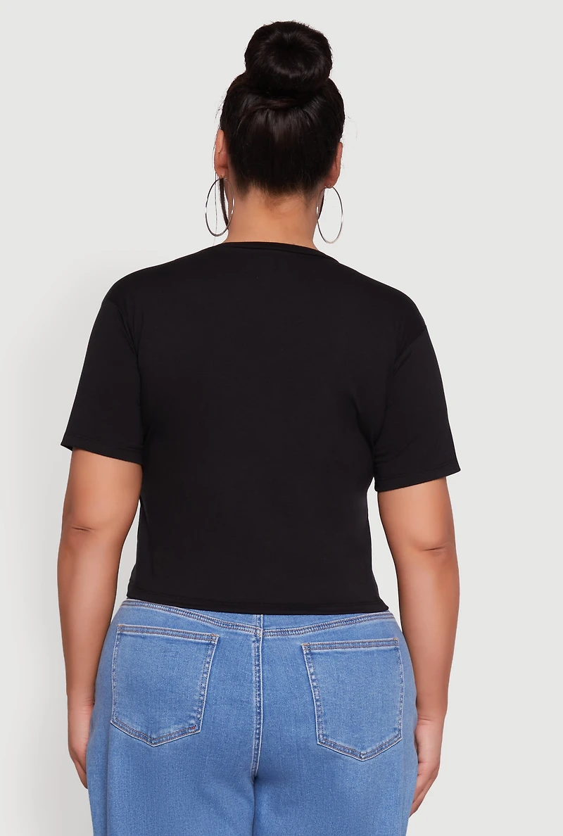 Womens Plus Laser Cut Knot Front Paris Graphic Tee, Black,