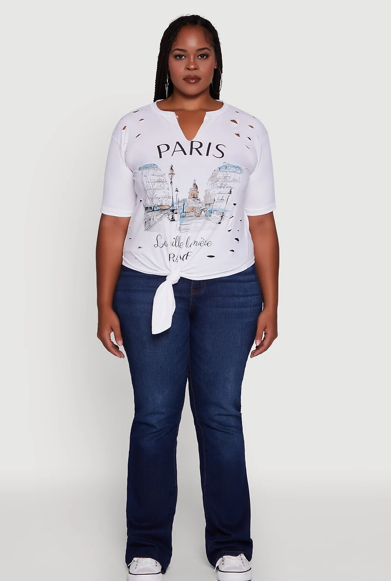 Womens Plus Size Laser Cut Knot Front Paris Graphic Tee, White, Size 3X