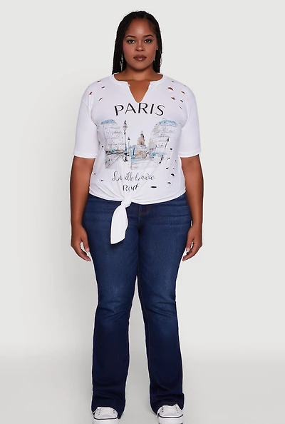 Womens Plus Size Laser Cut Knot Front Paris Graphic Tee, White, Size 3X