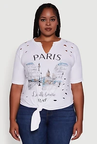 Womens Plus Size Laser Cut Knot Front Paris Graphic Tee, White, Size 3X