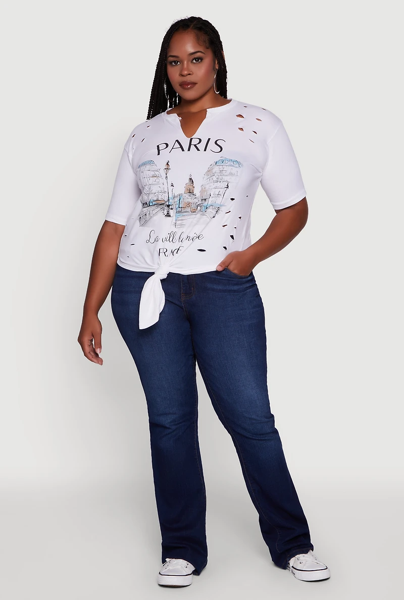 Womens Plus Size Laser Cut Knot Front Paris Graphic Tee, White, Size 2X