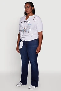 Womens Plus Size Laser Cut Knot Front Paris Graphic Tee, White, Size 3X