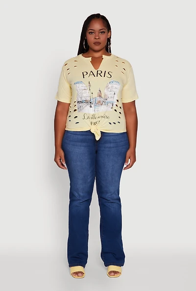 Womens Plus Laser Cut Knot Front Paris Graphic Tee, Yellow,