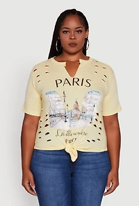 Womens Plus Laser Cut Knot Front Paris Graphic Tee, Yellow,