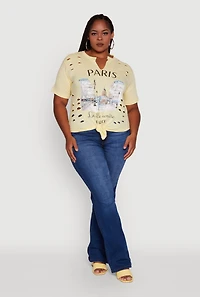 Womens Plus Laser Cut Knot Front Paris Graphic Tee, Yellow,