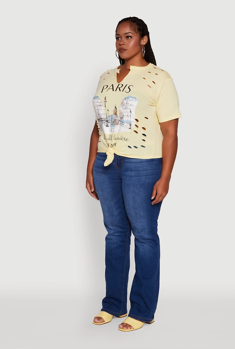 Womens Plus Laser Cut Knot Front Paris Graphic Tee, Yellow,