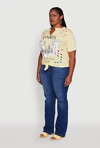 Womens Plus Laser Cut Knot Front Paris Graphic Tee, Yellow,