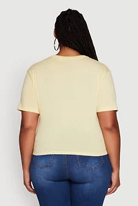 Womens Plus Laser Cut Knot Front Paris Graphic Tee, Yellow,