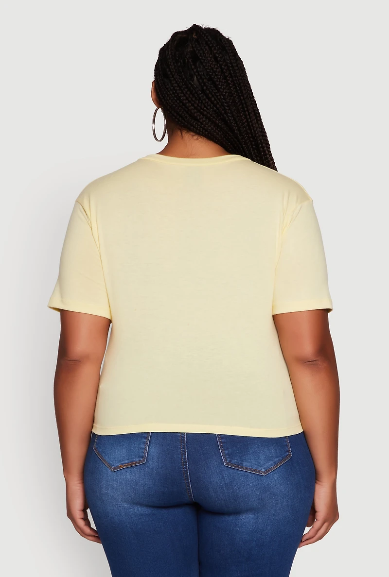 Womens Plus Size Laser Cut Knot Front Paris Graphic Tee, Yellow, Size 1X