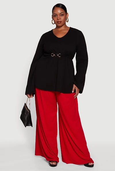 Womens Plus Metallic Belted Front V Neck Bell Sleeve Blouse,