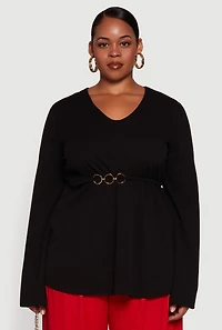 Womens Plus Metallic Belted Front V Neck Bell Sleeve Blouse,