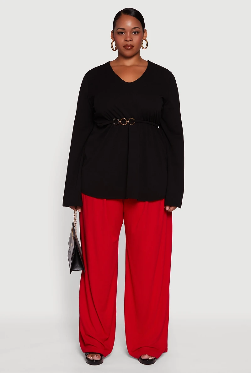 Womens Plus Metallic Belted Front V Neck Bell Sleeve Blouse,