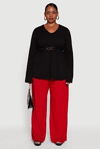 Plus Metallic Belted Front V Neck Bell Sleeve Blouse