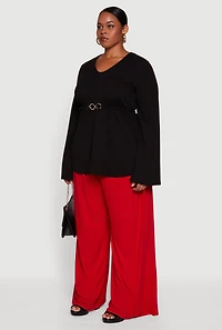 Womens Plus Metallic Belted Front V Neck Bell Sleeve Blouse,