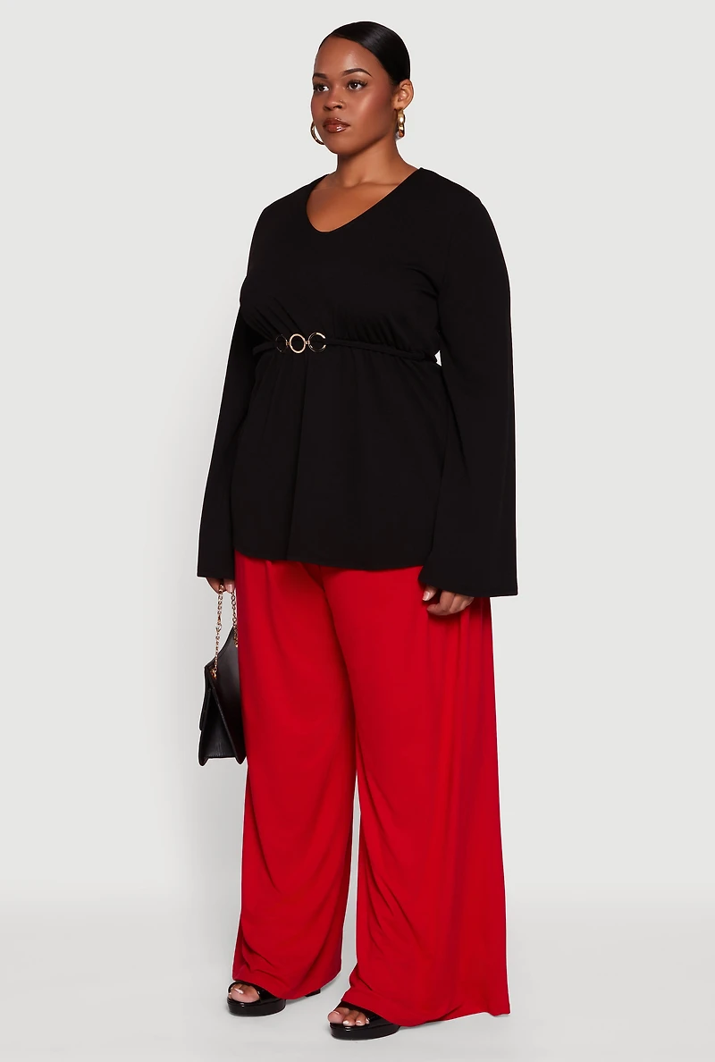 Womens Plus Size Metallic Belted Front V Neck Bell Sleeve Blouse, Black, Size 3X
