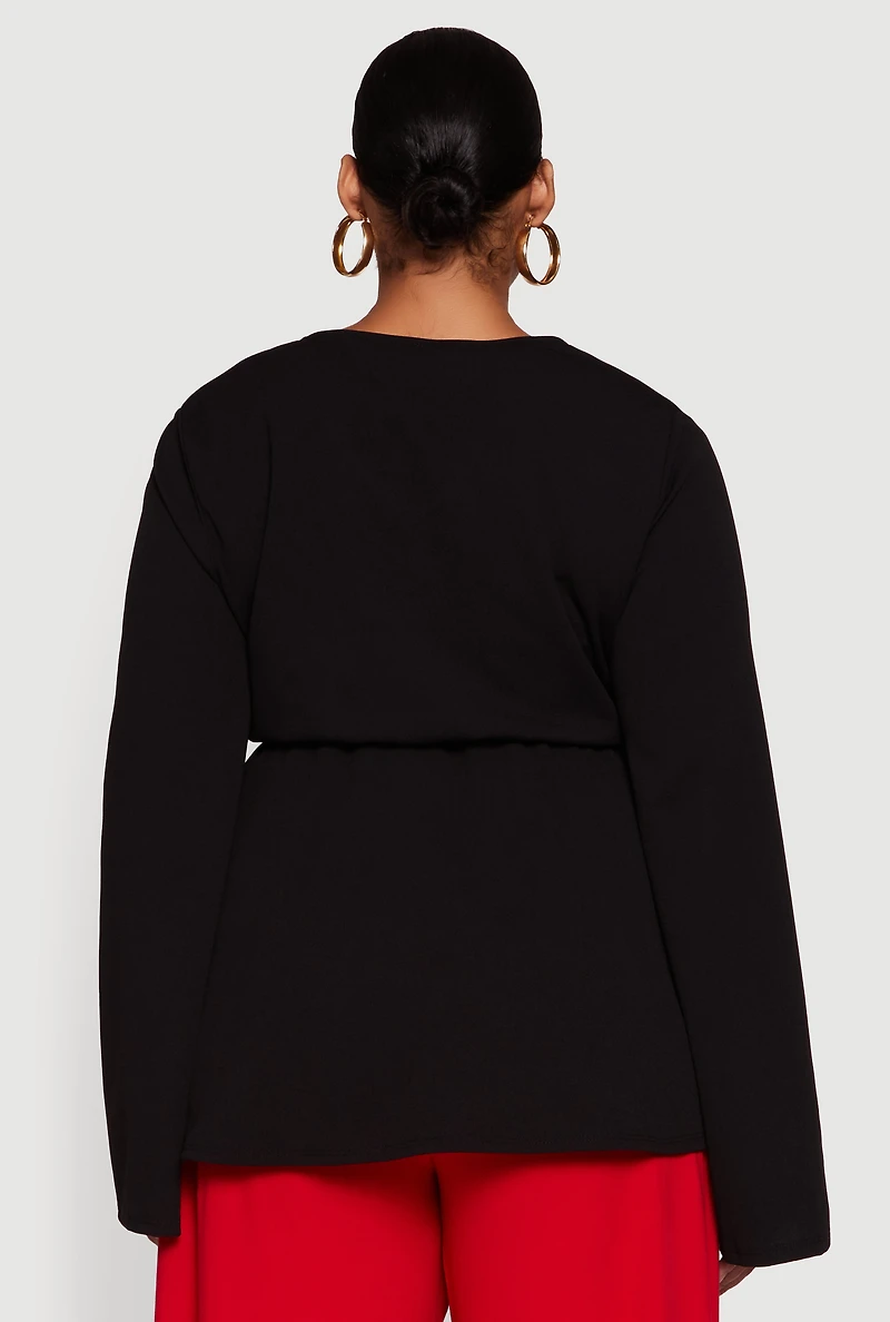 Womens Plus Metallic Belted Front V Neck Bell Sleeve Blouse,