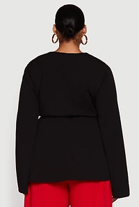 Plus Metallic Belted Front V Neck Bell Sleeve Blouse