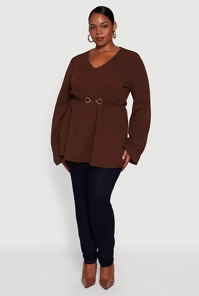 Womens Plus Size Metallic Belted Front V Neck Bell Sleeve Blouse, Brown, Size 1X