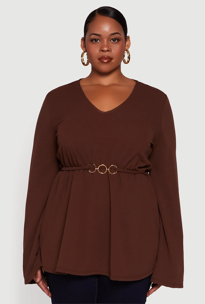 Womens Plus Size Metallic Belted Front V Neck Bell Sleeve Blouse, Brown, Size 2X