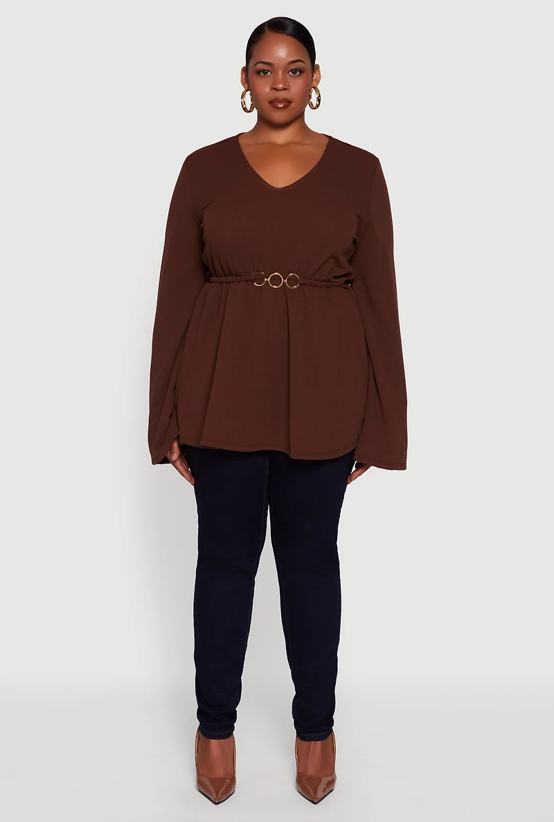 Womens Plus Size Metallic Belted Front V Neck Bell Sleeve Blouse, Brown, Size 2X