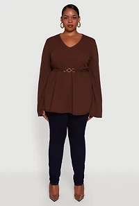 Womens Plus Size Metallic Belted Front V Neck Bell Sleeve Blouse, Brown, Size 2X