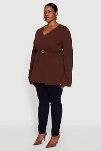 Womens Plus Size Metallic Belted Front V Neck Bell Sleeve Blouse, Brown, Size 2X