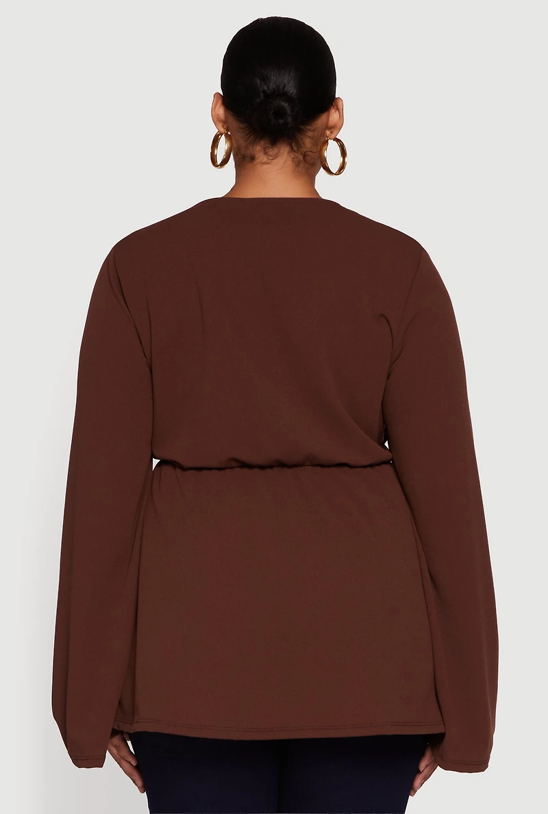Womens Plus Size Metallic Belted Front V Neck Bell Sleeve Blouse, Brown, Size 2X