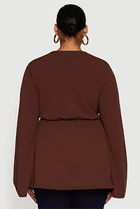 Womens Plus Size Metallic Belted Front V Neck Bell Sleeve Blouse, Brown, Size 2X