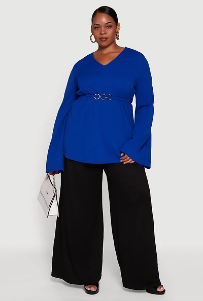 Womens Plus Size Metallic Belted Front V Neck Bell Sleeve Blouse, Blue, Size 2X