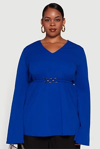 Womens Plus Size Metallic Belted Front V Neck Bell Sleeve Blouse, Blue, Size 2X