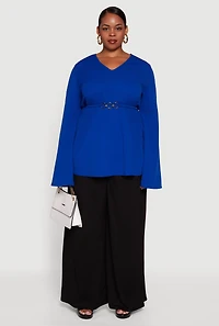 Womens Plus Size Metallic Belted Front V Neck Bell Sleeve Blouse, Blue, Size 2X