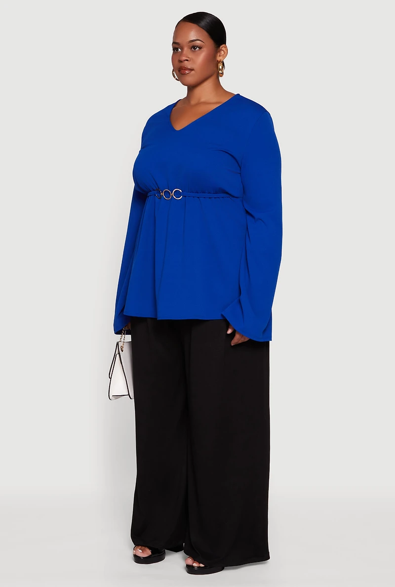 Womens Plus Size Metallic Belted Front V Neck Bell Sleeve Blouse, Blue, Size 2X