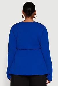 Womens Plus Size Metallic Belted Front V Neck Bell Sleeve Blouse, Blue, Size 2X