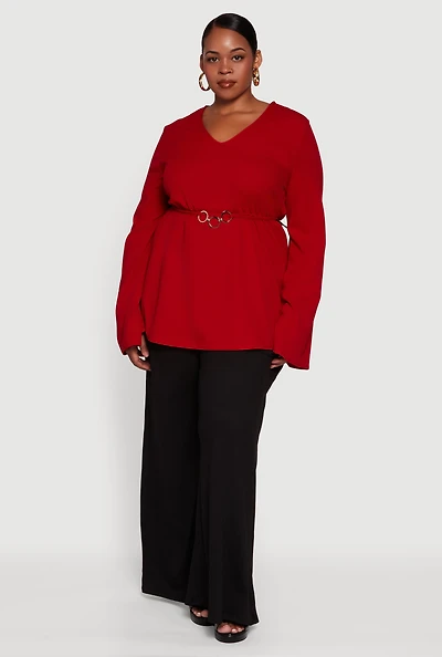 Womens Plus Size Metallic Belted Front V Neck Bell Sleeve Blouse, Red, Size 1X
