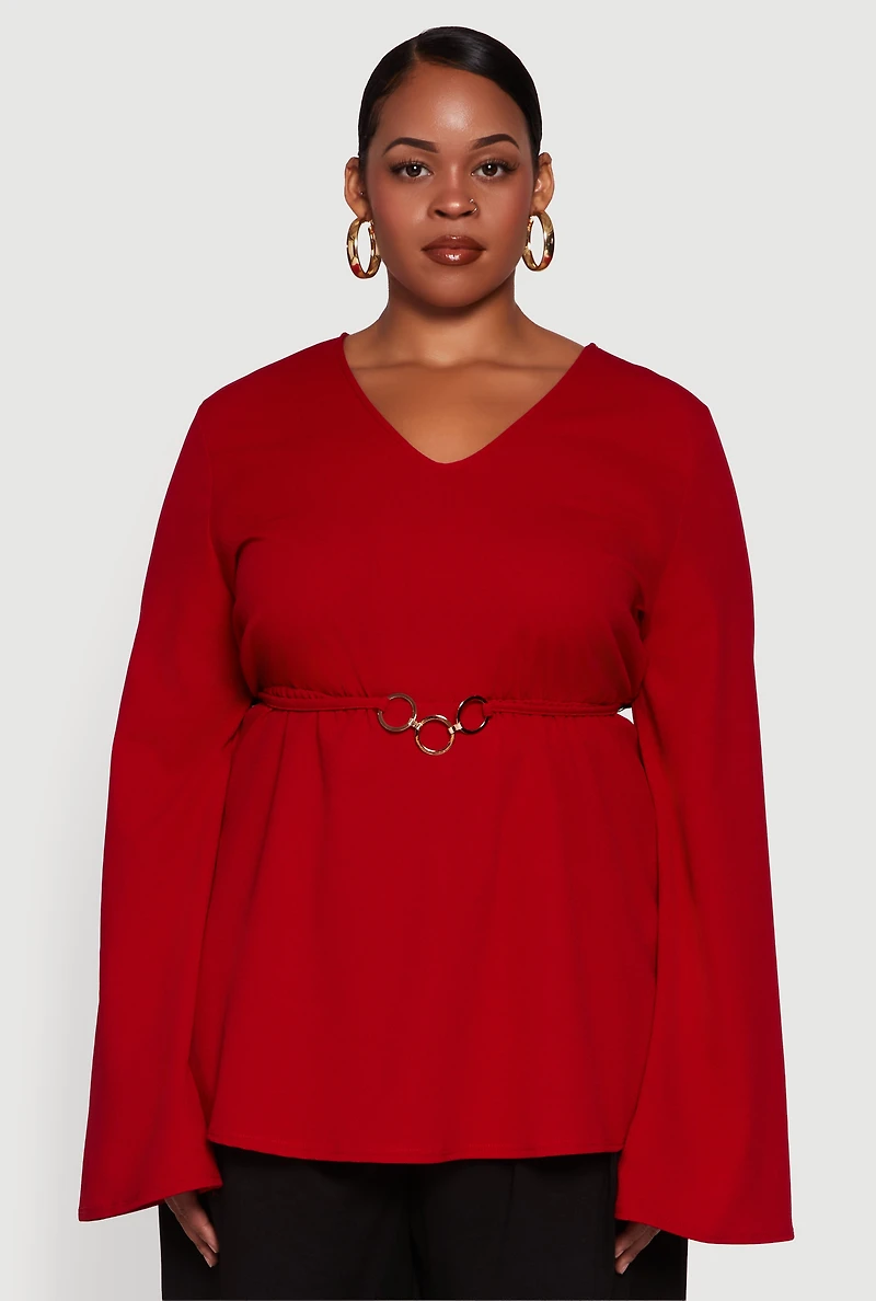Womens Plus Size Metallic Belted Front V Neck Bell Sleeve Blouse, Red, Size 1X