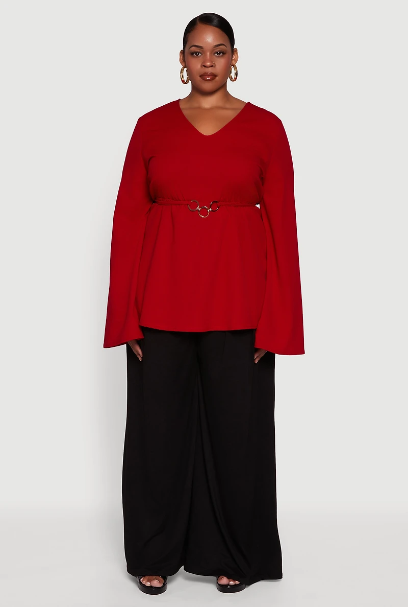 Womens Plus Size Metallic Belted Front V Neck Bell Sleeve Blouse, Red, Size 1X