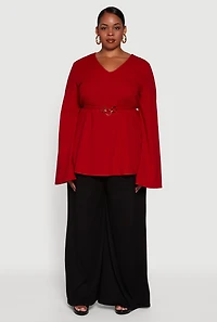 Womens Plus Size Metallic Belted Front V Neck Bell Sleeve Blouse, Red, Size 1X