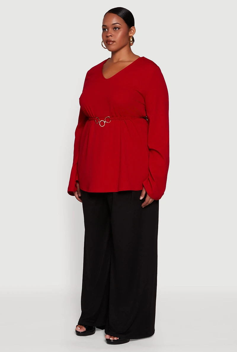 Plus Metallic Belted Front V Neck Bell Sleeve Blouse