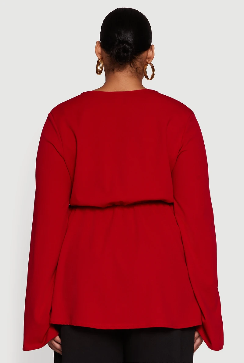 Womens Plus Size Metallic Belted Front V Neck Bell Sleeve Blouse, Red, Size 1X