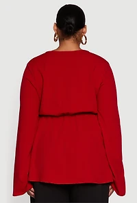 Womens Plus Size Metallic Belted Front V Neck Bell Sleeve Blouse, Red, Size 1X