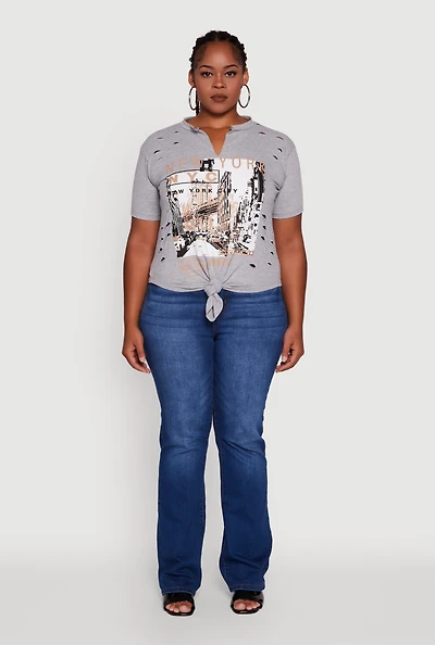 Womens Plus Size NYC Graphic Print Knot Front T-Shirt, Grey, Size 1X