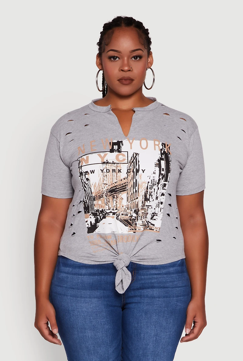 Womens Plus Size NYC Graphic Print Knot Front T-Shirt, Grey, Size 1X
