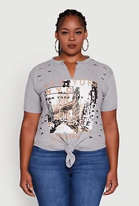 Womens Plus Size NYC Graphic Print Knot Front T-Shirt, Grey, Size 1X